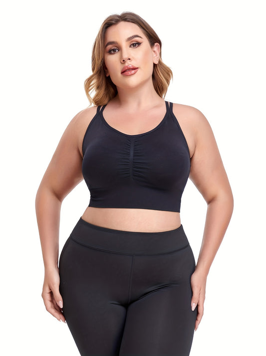  Sports Bra Solid Ruched Strappy Crisscross Back Seamless Fitness Bra