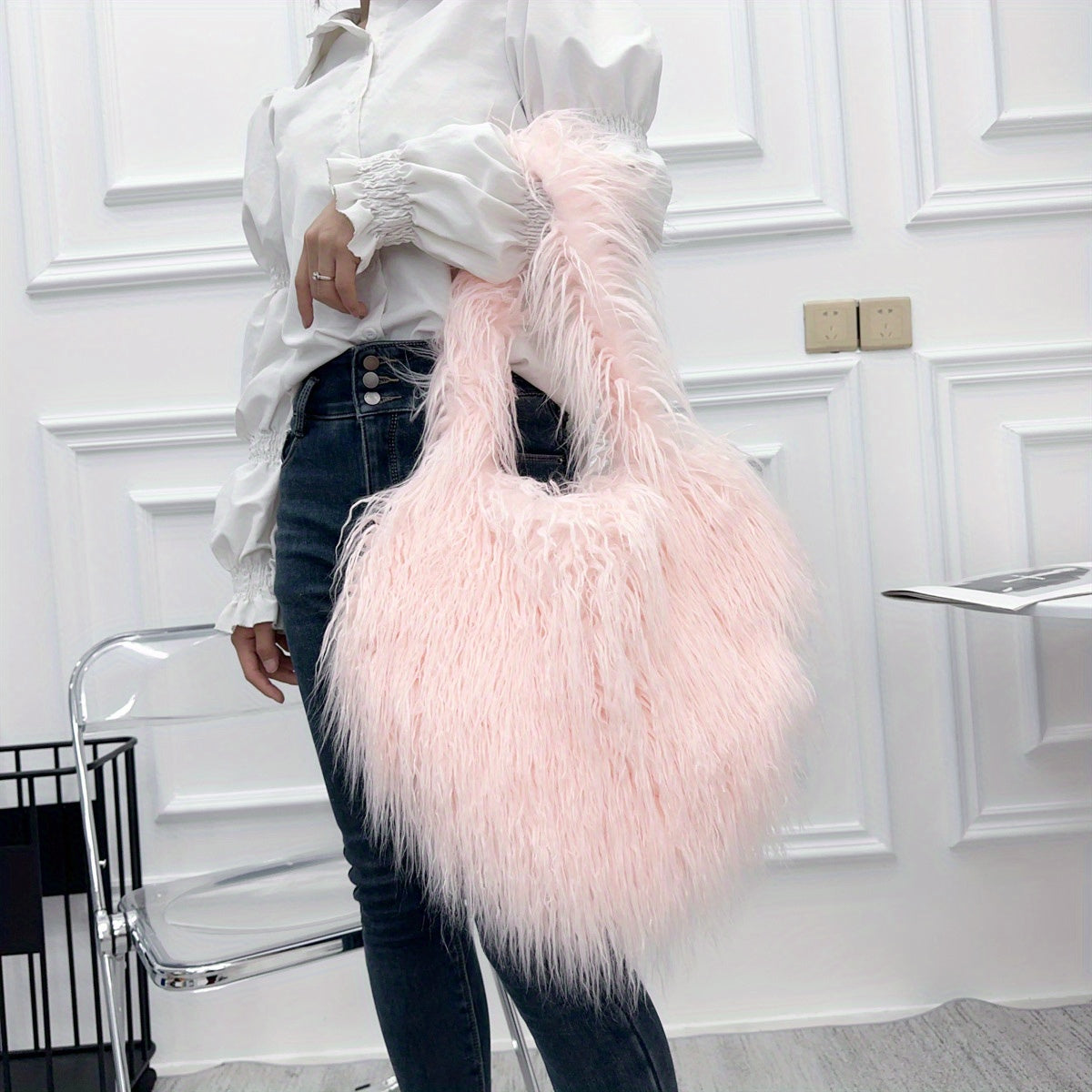 Love Hearts Faux Fur Shoulder Bag Y2K Handbag
