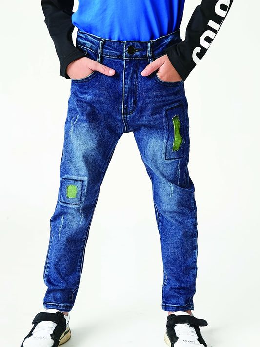Boys Casual Vintage Denim Jeans Ripped Patch Straight Leg Pants