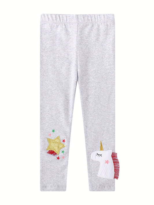 Girls Unicorn Star Leggings Soft Cotton Embroidered Slim Fit