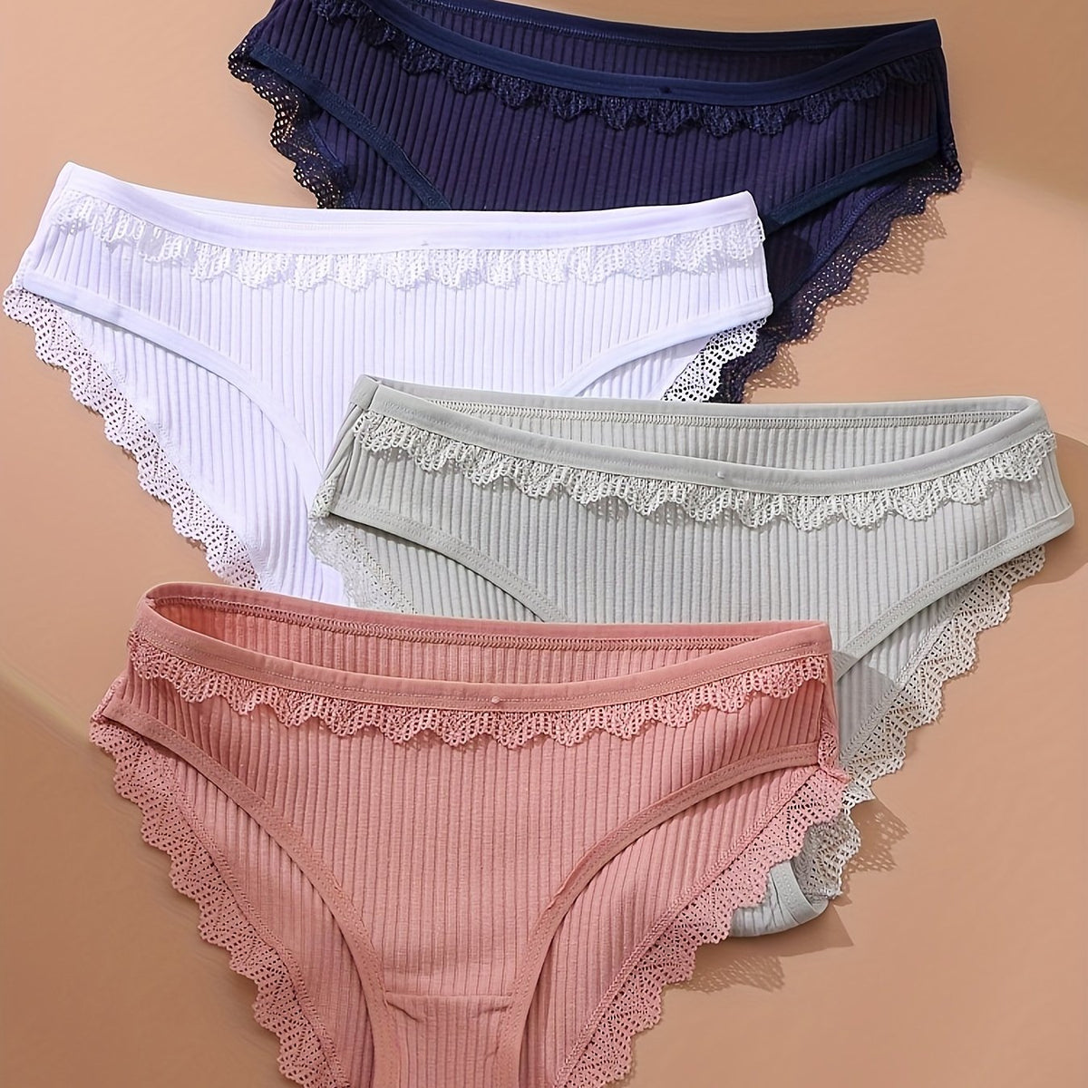 4pcs Lace Ribbed Briefs Women's Lingerie Panties