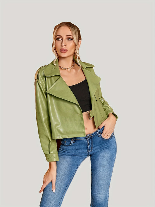 Faux Leather Lapel Jacket Buckle Front Outerwear