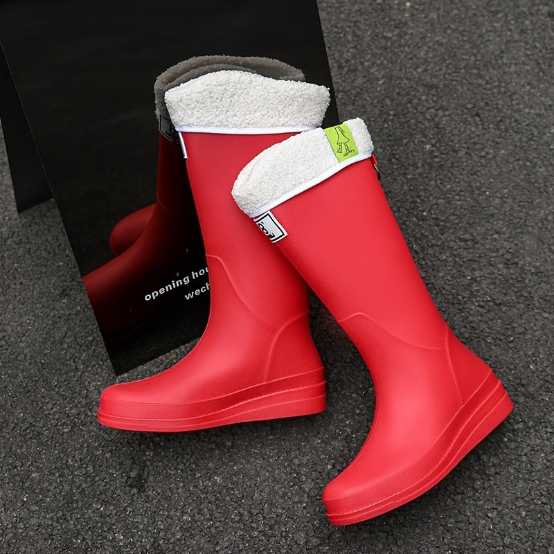 Red Fleece Liner Rain Boots Waterproof Slip on High Boots