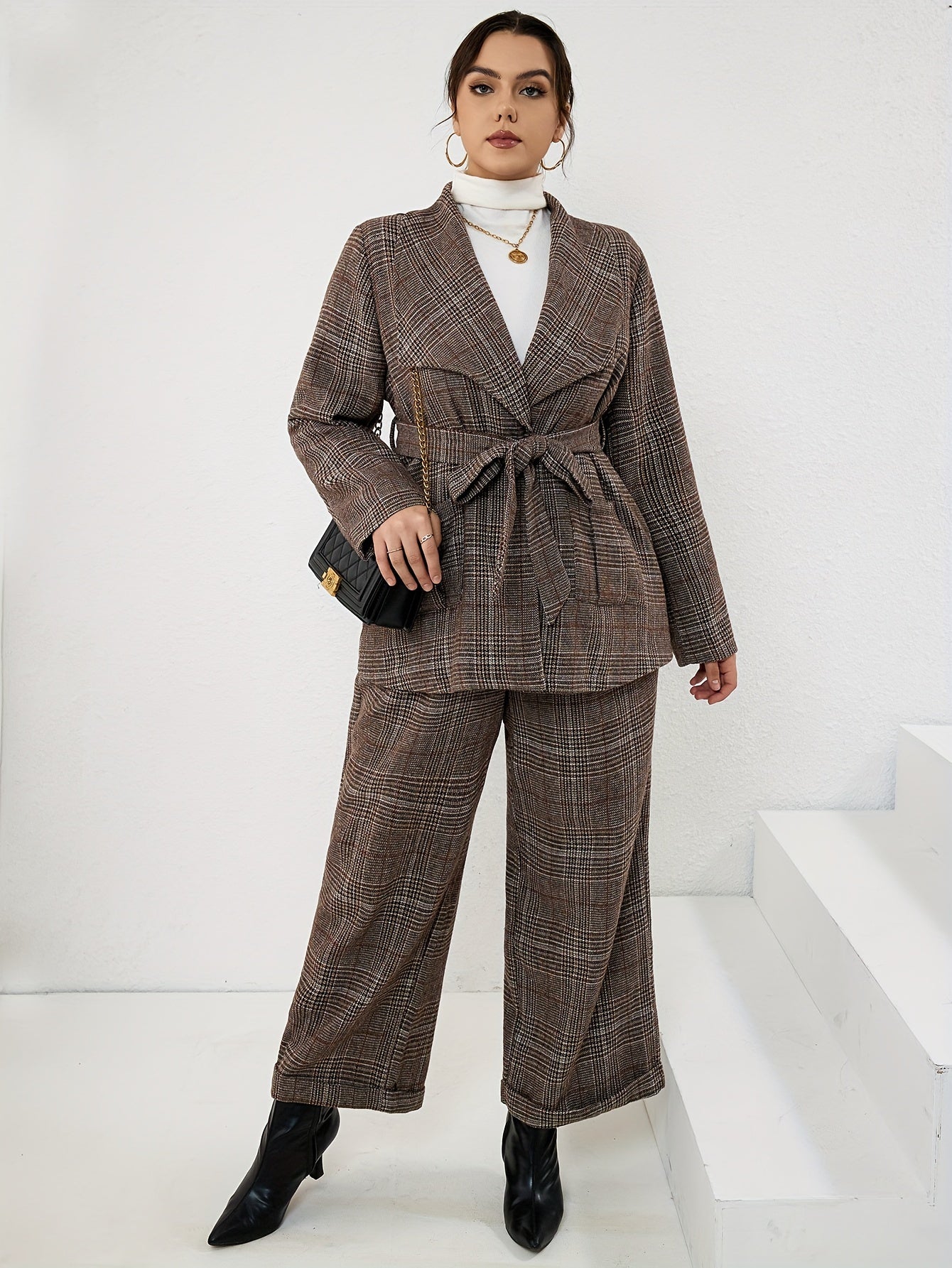  Plaid Print Blazer & Pants Set