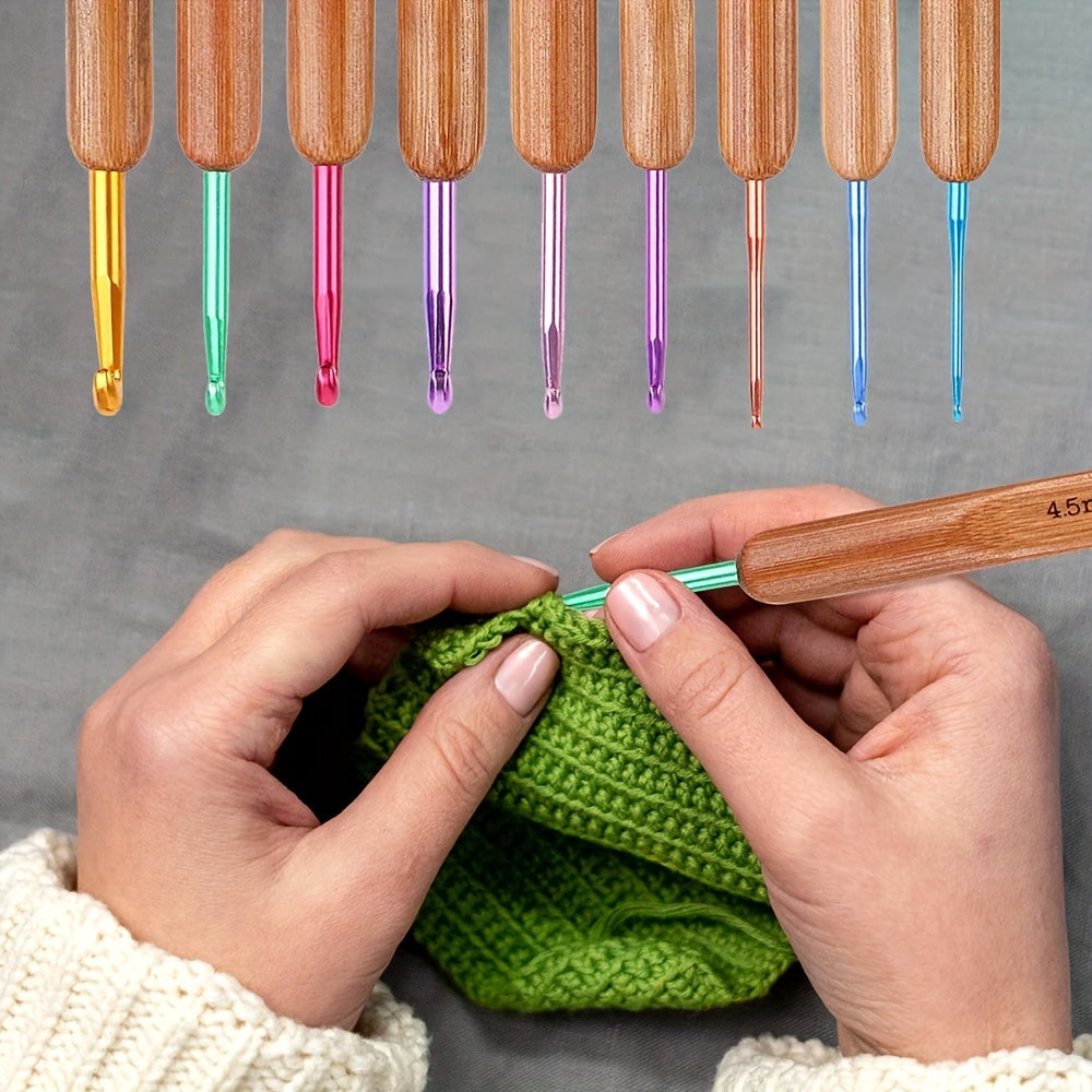 9pcs Crochet Hook Set Bamboo Handle Aluminum Knitting Needle Yarn DIY Tool