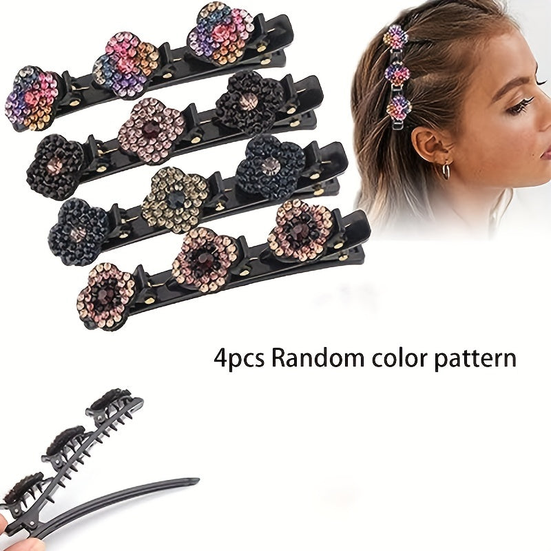 4PCS Braided Hair Clips Women Crystal Rhinestones Random Pattern