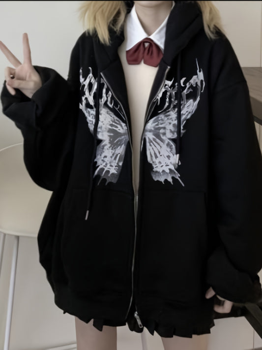 Butterfly Print Hoodie Zip Up Sweatshirt for Fall & Winter