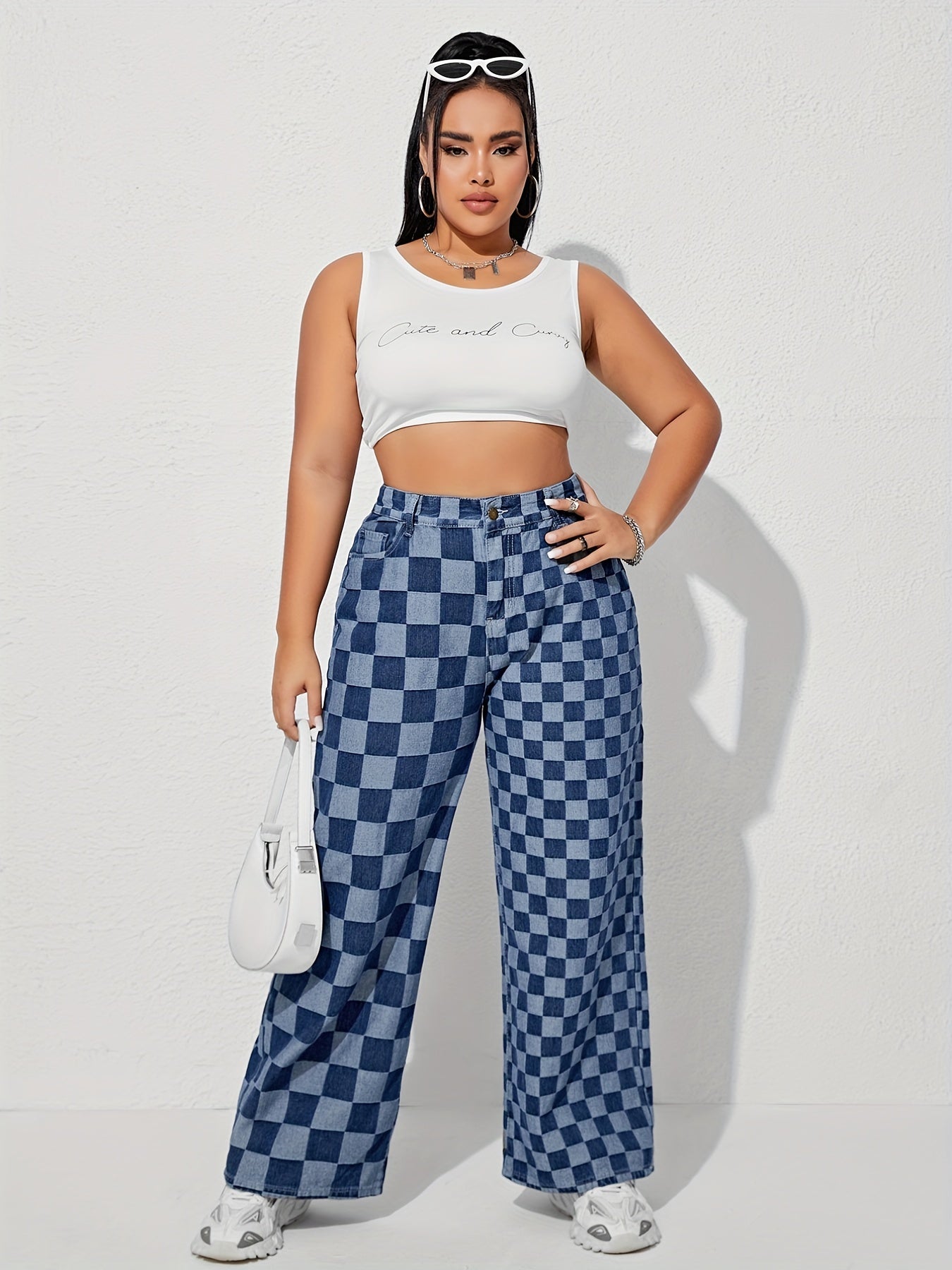  Checkboard Print High Waist Wide Leg Jeans
