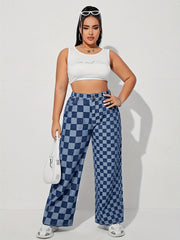 Checkboard Print High Waist Wide Leg Jeans