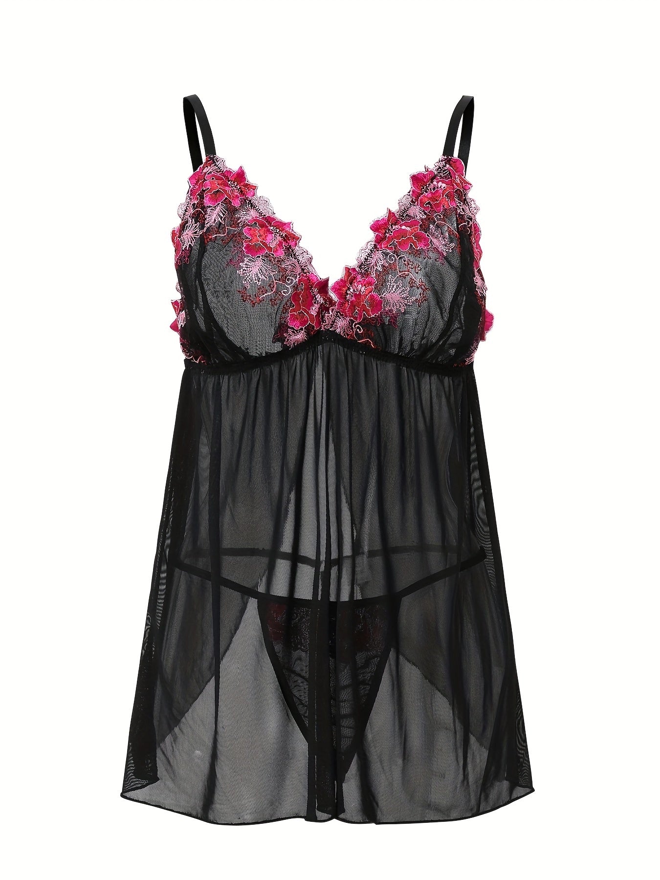 Floral Applique Mesh Nightgown Set