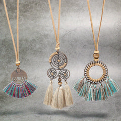 Boho Ethnic Tassel Pendant Necklaces Retro Rhinestone Drip Oil Alloy Necklace