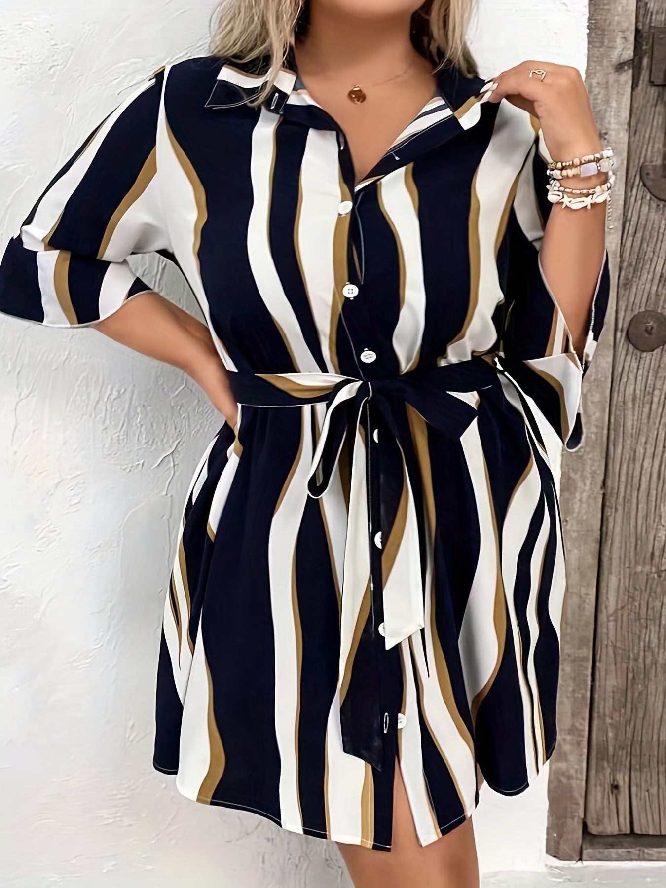  Colorblock Stripe Print Button Up Bell Sleeve Shirt Dress