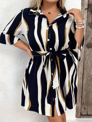  Colorblock Stripe Print Button Up Bell Sleeve Shirt Dress