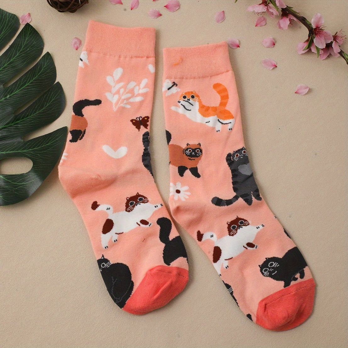 Cartoon Cat Print Socks Women's Mid Tube Stockings