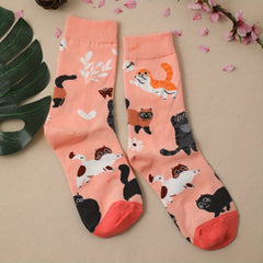 Cartoon Cat Print Socks Women's Mid Tube Stockings