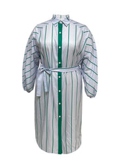 Women's Plus Stripe Print Button Up Lantern Sleeve Shirt Dress