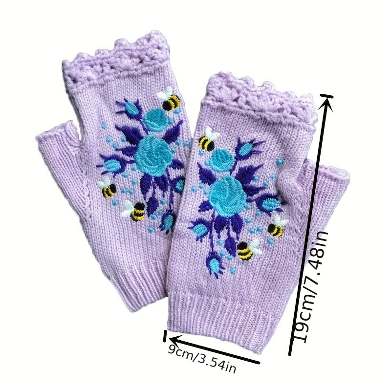 Knitted Embroider Gloves Warm Fingerless Gloves