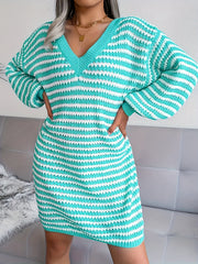  Stripe Print Lantern Sleeve V Neck Midi Dress