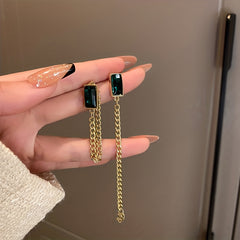 Long Chain Earrings Square Synthetic Gems 18K Plated Drop Earrings