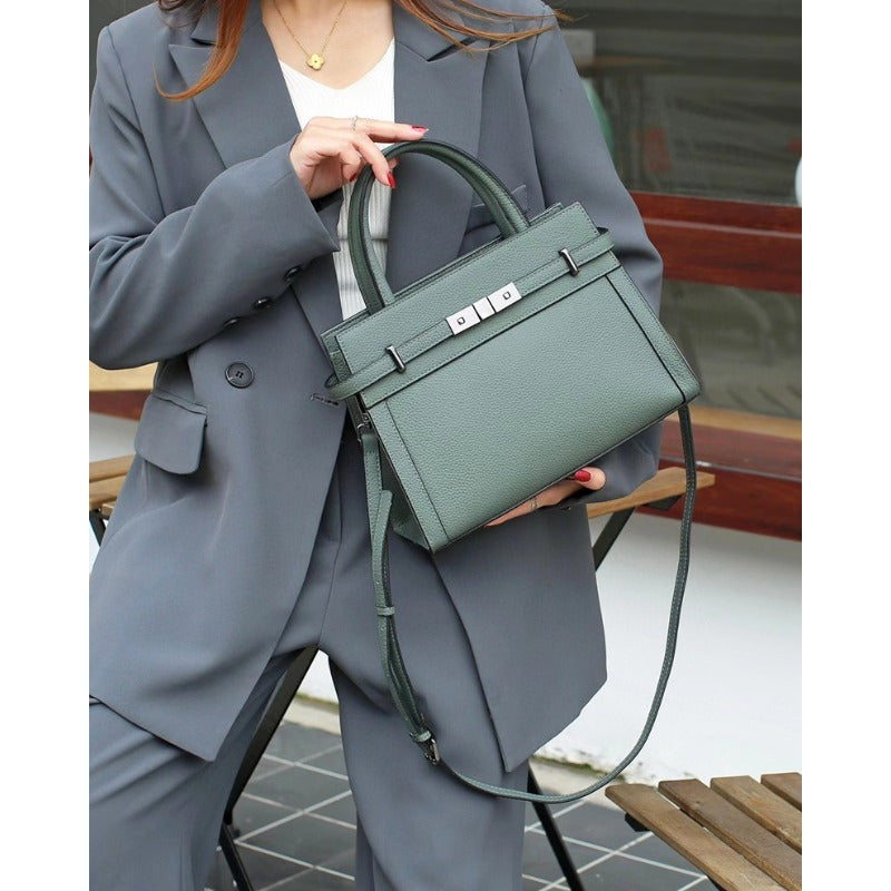 Green Leather Tote Bag with Zipper Closure & Detachable Strap