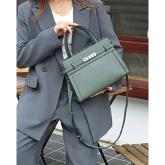 Green Leather Tote Bag with Zipper Closure & Detachable Strap