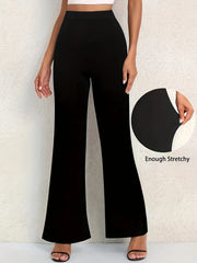  Solid High Rise Flared Leg Stretch Trousers