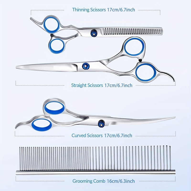 Pet Grooming Scissors Kit Round Tip Straight Thin Curved Shears & Comb Set