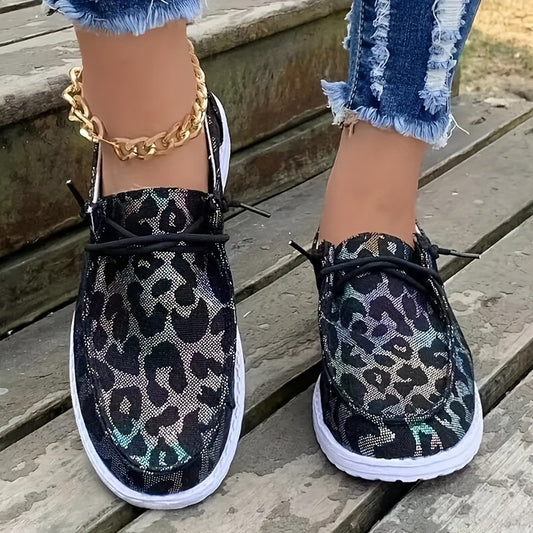 Leopard & Floral Pattern Low Flat Shoes Slip On Lace Up Casual Outdoor Shoes
