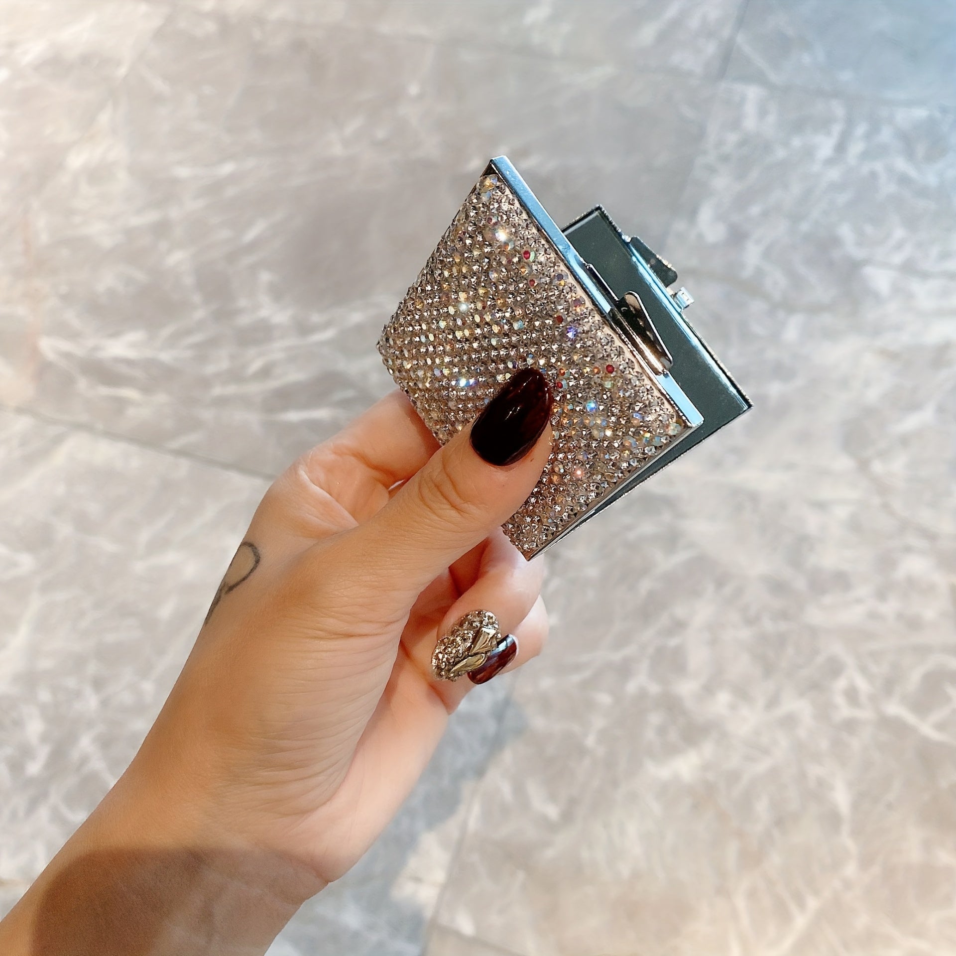 Rhinestone Decor Makeup Mirror Double Side Folding Square Mini Vanity Mirror