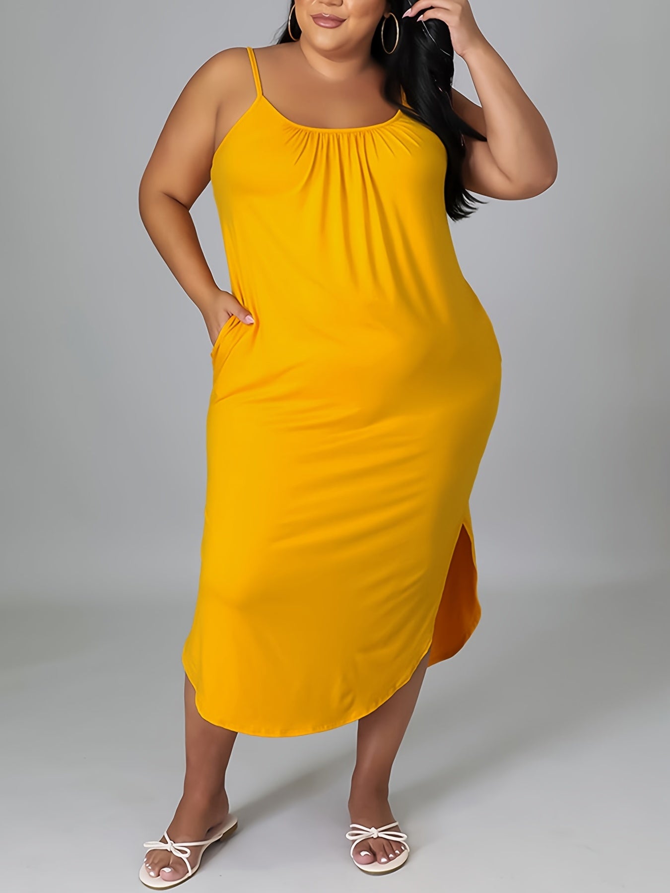 Solid Split Cami Dress Plus High Stretch Slim Midi Dress
