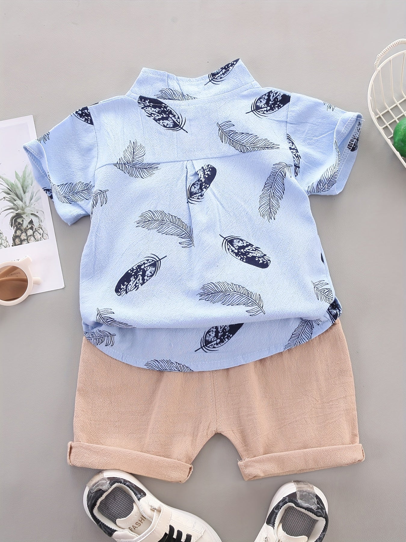 2pcs Baby Boys Feather Print Shirt & Shorts Set Cotton Casual Clothes