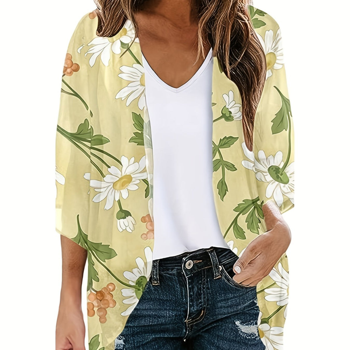  Floral Print Half Sleeve Open Front Cardigan