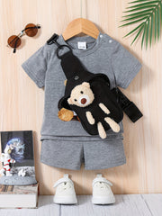 Toddler Boys Casual Outfit Set with T-shirt, Shorts, and Bear Bag