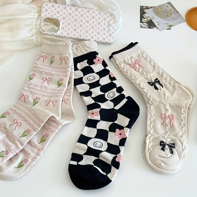 5 Pairs Cute Pattern Mid Tube Socks for Women