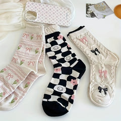 5 Pairs Cute Pattern Mid Tube Socks for Women