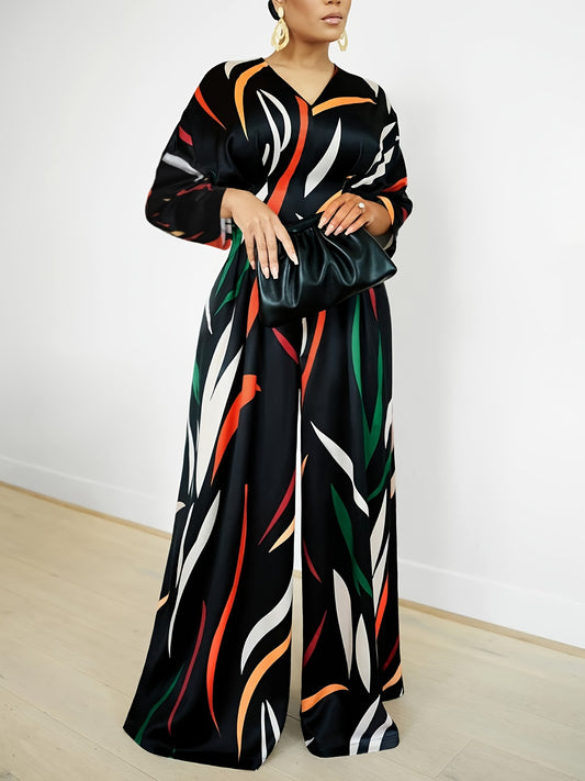  Colorful Stripe Print Long Sleeve Wide Leg Jumpsuit