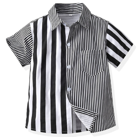 Toddler Boys Striped Graphic Button Pocket Casual Short Sleeve Spliced Shirt Top