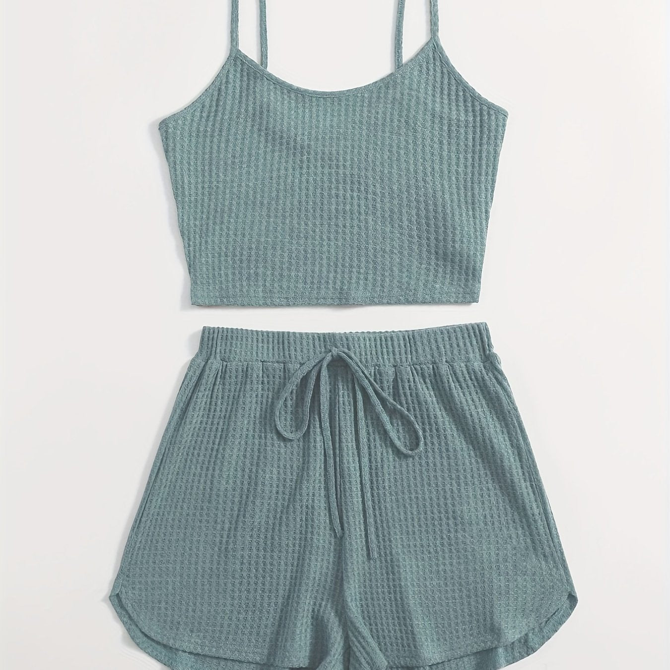 Waffle Knit Cami Top & Drawstring Shorts Set Women's Clothing
