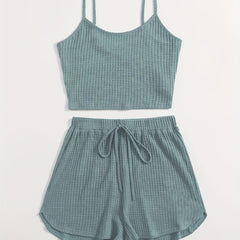 Waffle Knit Cami Top & Drawstring Shorts Set Women's Clothing