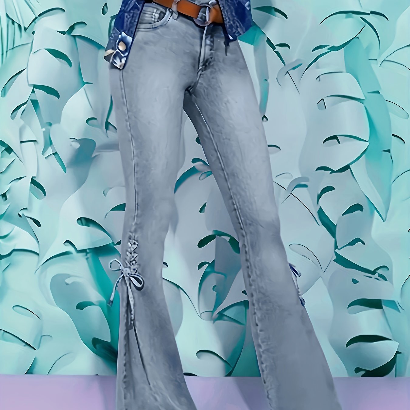  Women's Flared Leg Jeans Button Fly Lace Up High Stretch