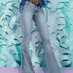  Women's Flared Leg Jeans Button Fly Lace Up High Stretch