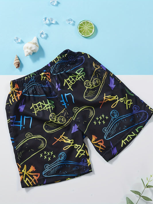 Boys Letter & Skateboard Print Shorts Soft Comfortable for Sum