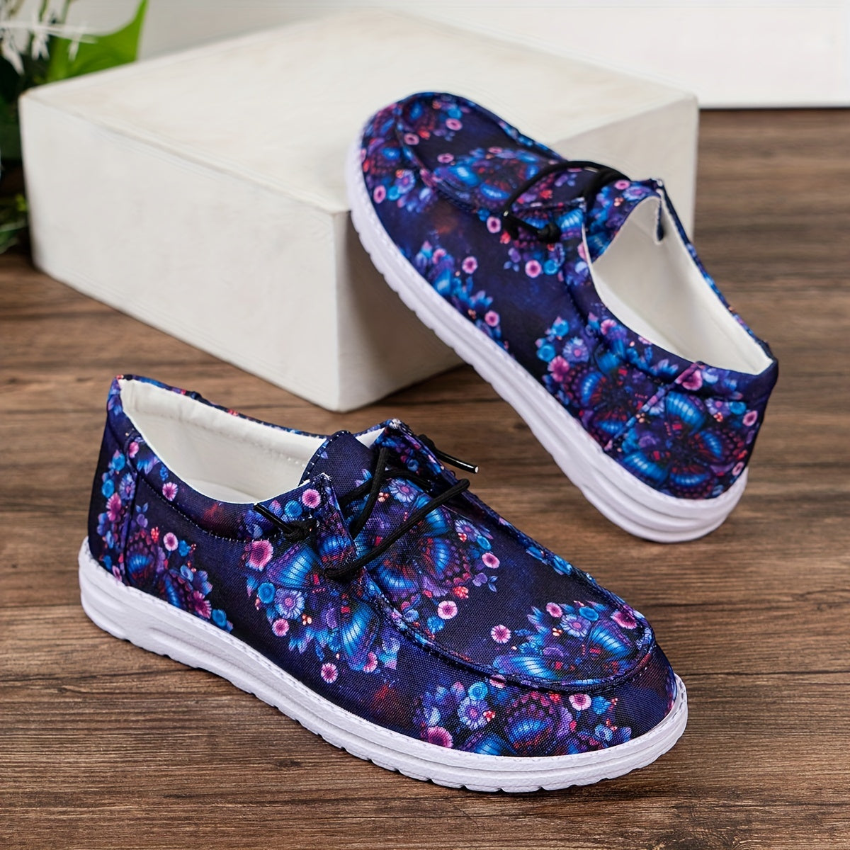 Women's Butterfly & Floral Print Flats Slip On Canvas Shoes Lightweight
