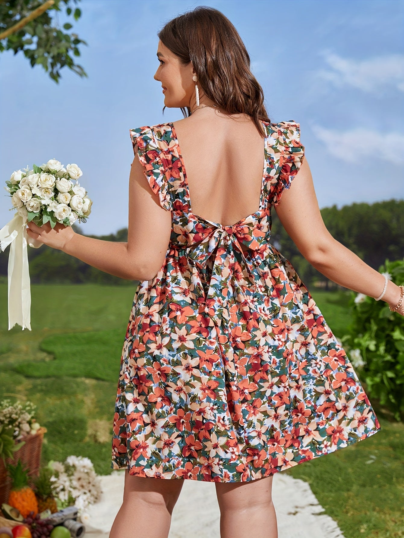 Floral Print Ruffle Sleeve V Neck Dress