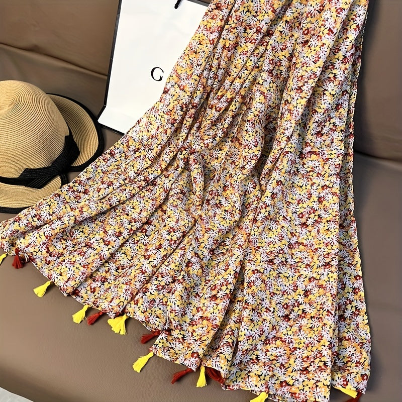 Floral Fringe Trim Scarf Shawl Casual Head Wrap Beach Gift