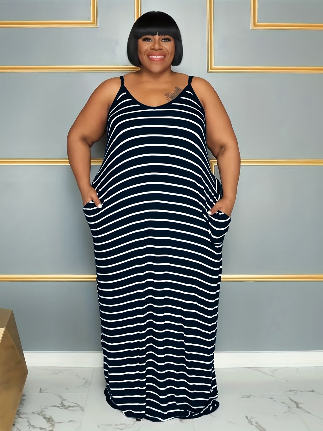  Stripe V Neck Maxi Dress With Pockets