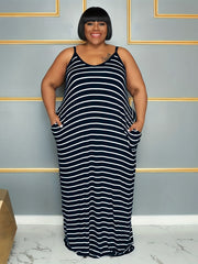  Stripe V Neck Maxi Dress With Pockets