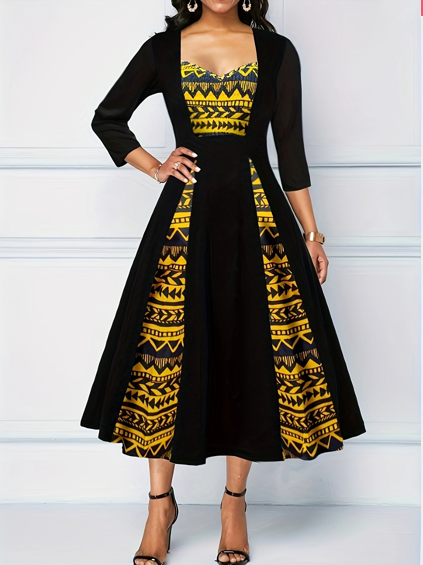  Colorblock Geometric Print A line Maxi Dress