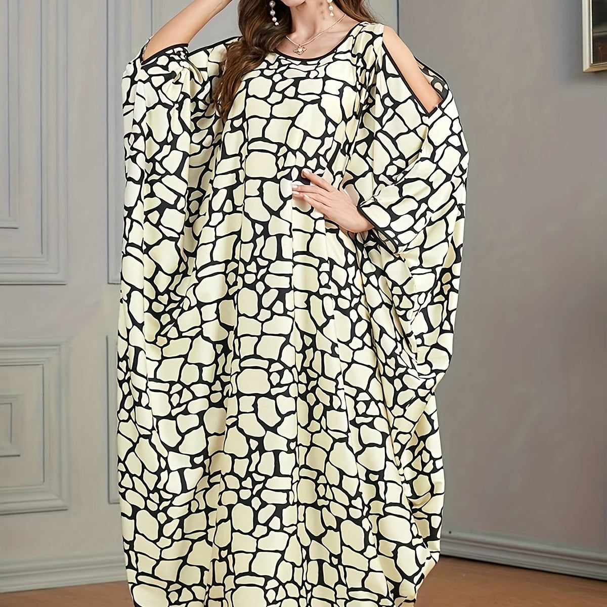 Plus Size Casual Kaftan Dress Women's Plus Allover Print Cold Shoulder