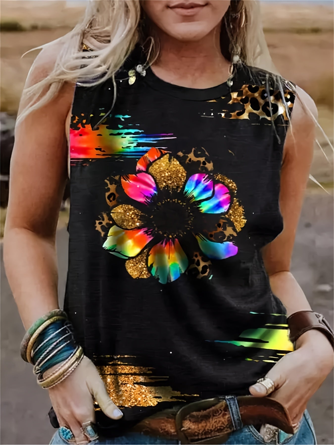 Leopard Flower Print Tank Top Crew Neck Sleeveless Tank Top Women's Clothing